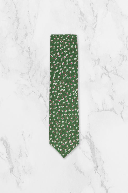 100% Cotton Floral Print Tie - Green & White