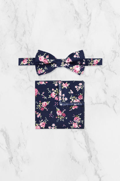 100% Cotton Floral Print Pocket Square - Navy Blue & Pink