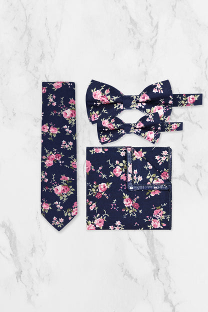 100% Cotton Floral Print Tie - Navy Blue & Pink