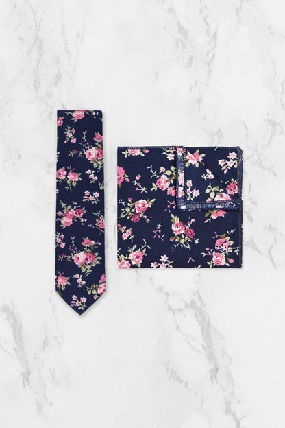 100% Cotton Floral Print Tie - Navy Blue & Pink