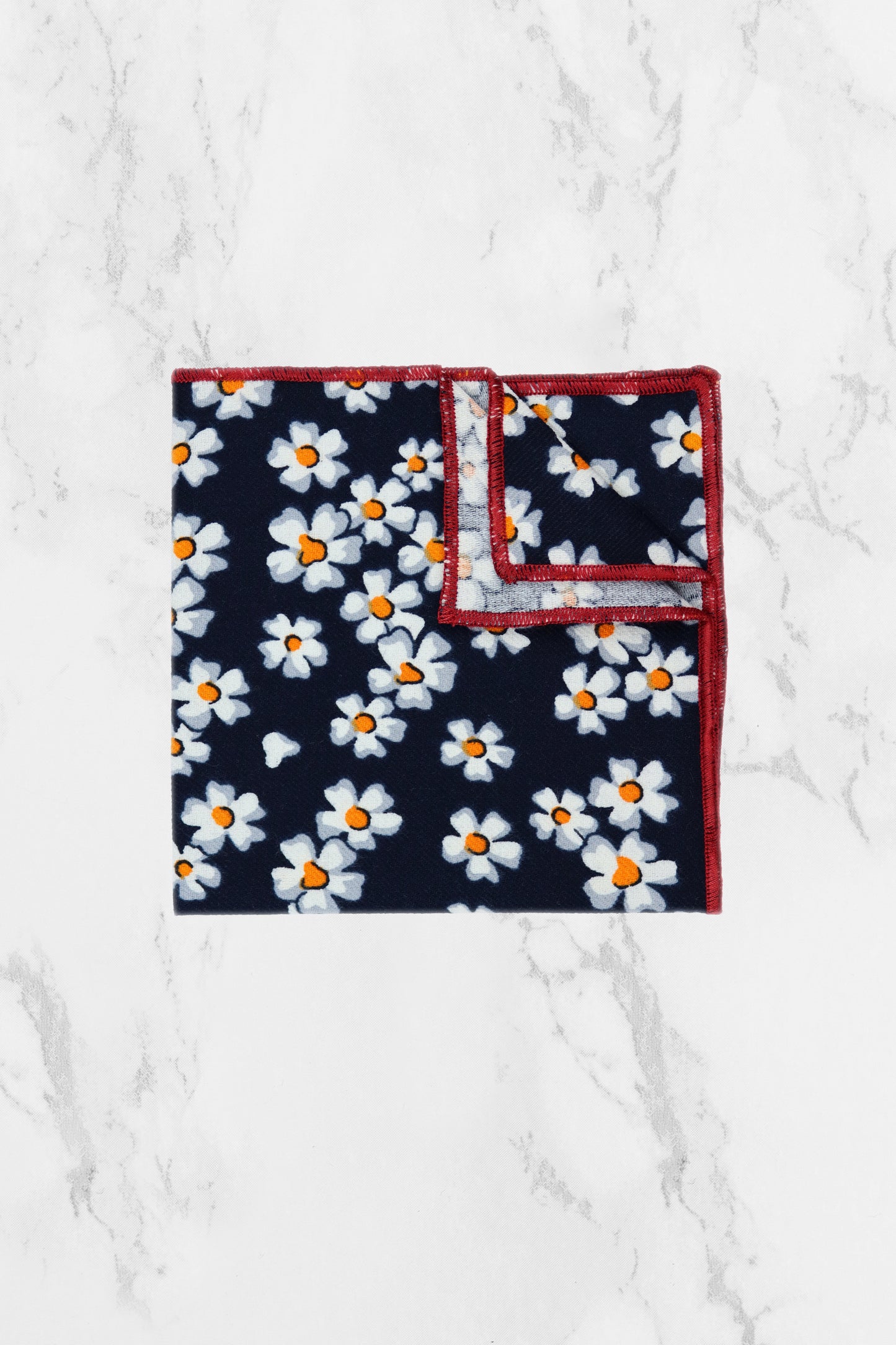 100% Cotton Floral Print Pocket Square - Navy Blue & White