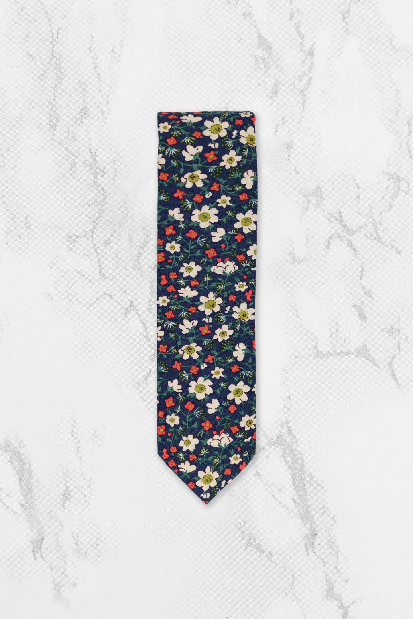 100% Cotton Floral Print Tie - Navy Blue, White & Red