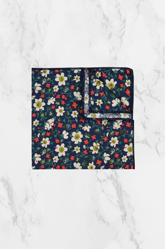 100% Cotton Floral Print Pocket Square - Navy Blue, White & Red