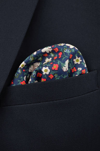 100% Cotton Floral Print Pocket Square - Navy Blue, White & Red