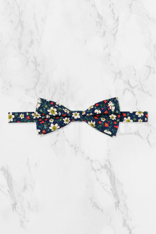 100% Cotton Floral Print Bow Tie - Navy Blue, White & Red