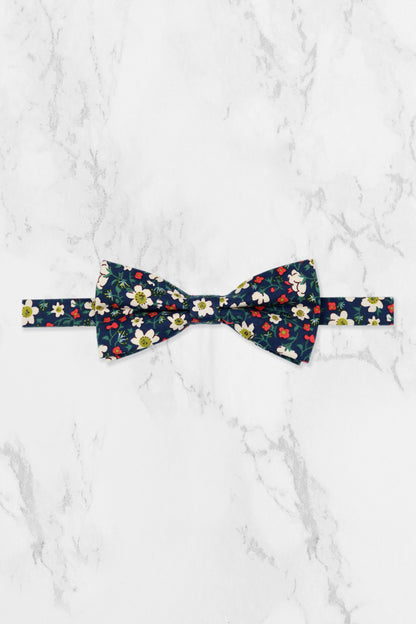 100% Cotton Floral Print Bow Tie - Navy Blue, White & Red