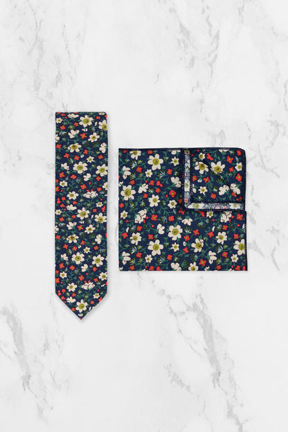 100% Cotton Floral Print Tie - Navy Blue, White & Red