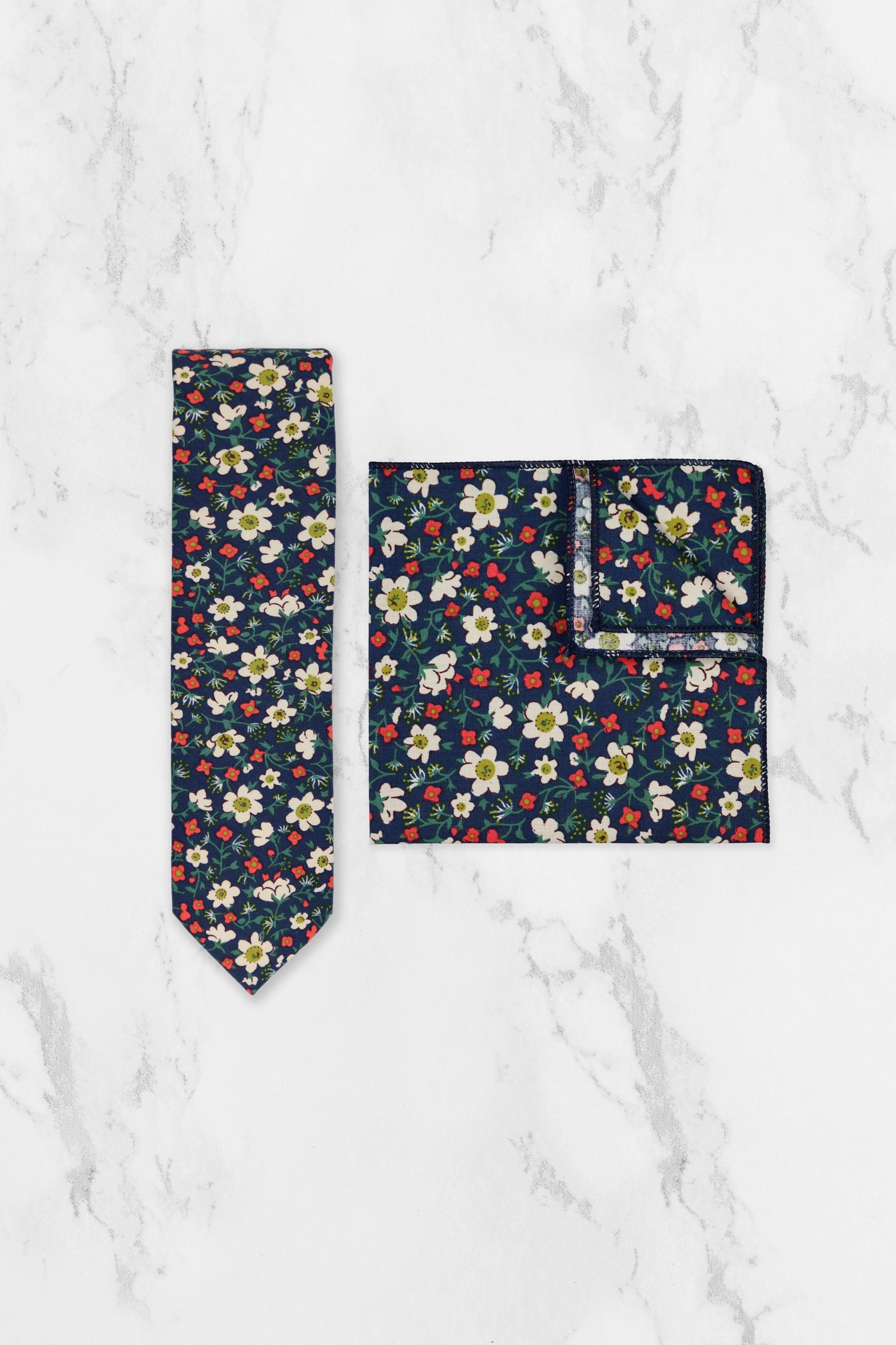 100% Cotton Floral Print Pocket Square - Navy Blue, White & Red