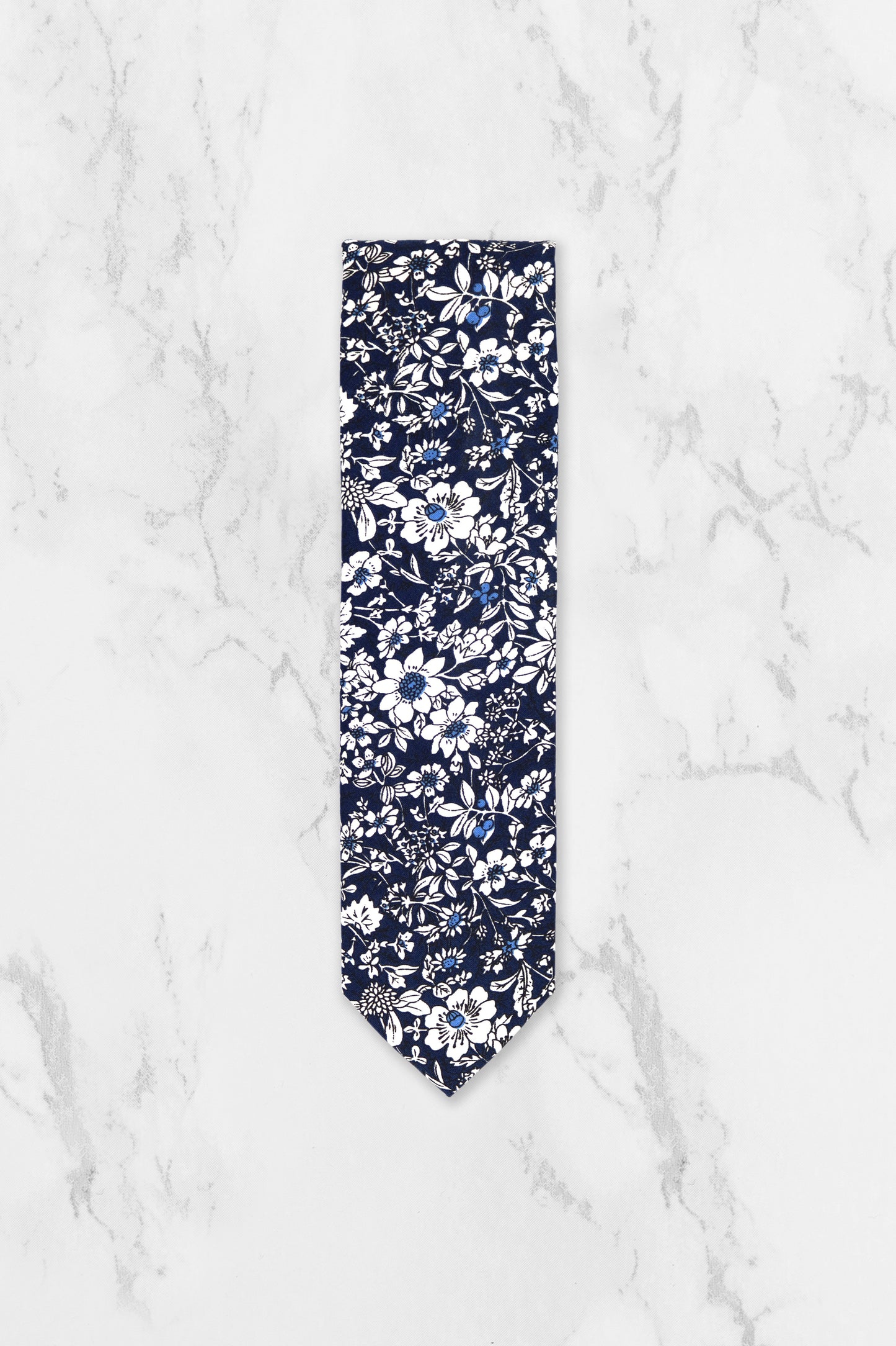 100% Cotton Floral Print Bow Tie - Navy Blue & White