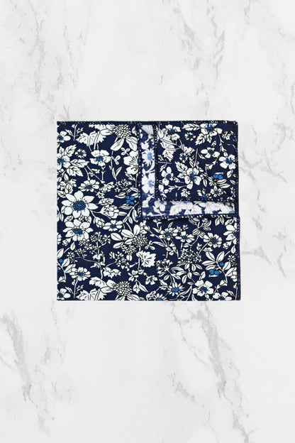 100% Cotton Floral Print Pocket Square - Navy Blue & White