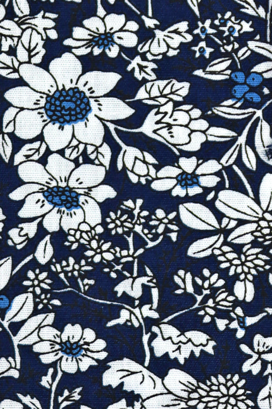 100% Cotton Floral Print Tie - Navy Blue & White