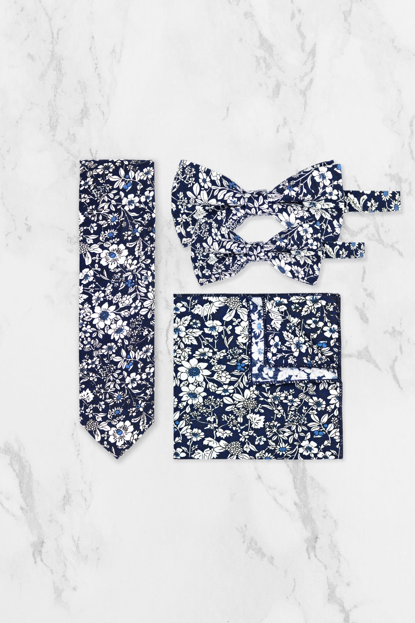 100% Cotton Floral Print Bow Tie - Navy Blue & White