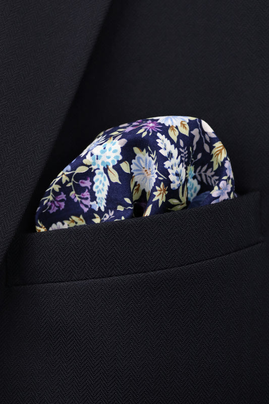 100% Cotton Floral Print Pocket Square - Navy Blue & Purple