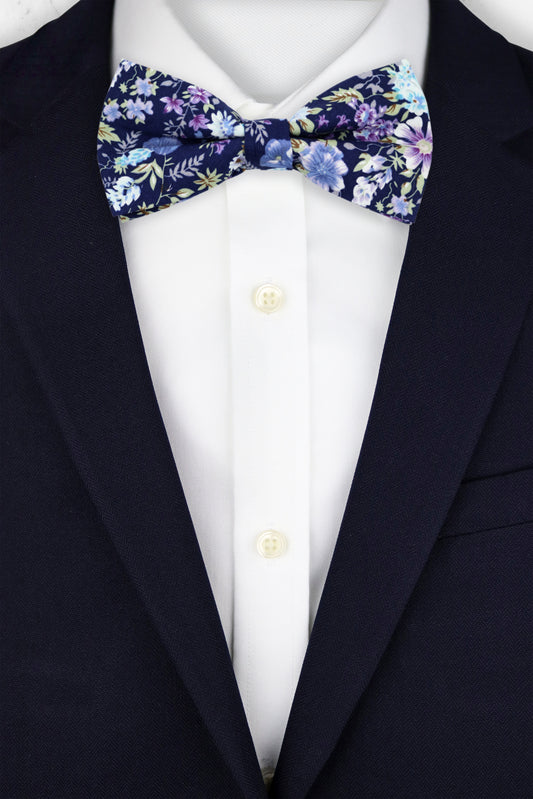 100% Cotton Floral Print Bow Tie - Navy Blue & Purple