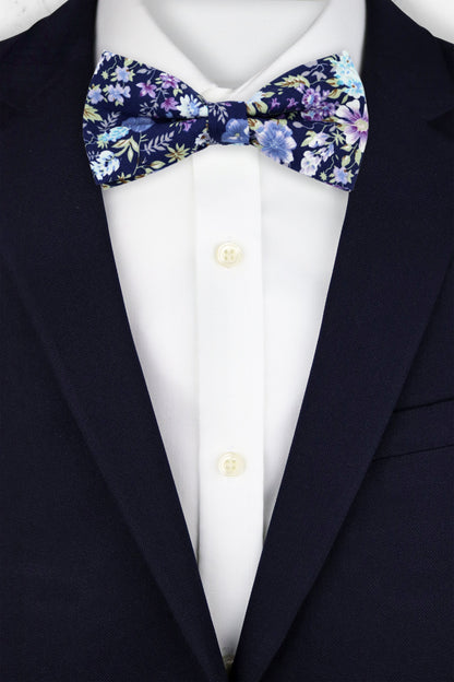 100% Cotton Floral Print Child Bow Tie - Navy Blue & Purple