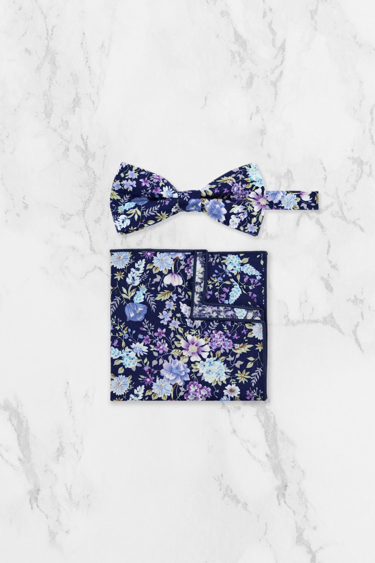 100% Cotton Floral Print Pocket Square - Navy Blue & Purple