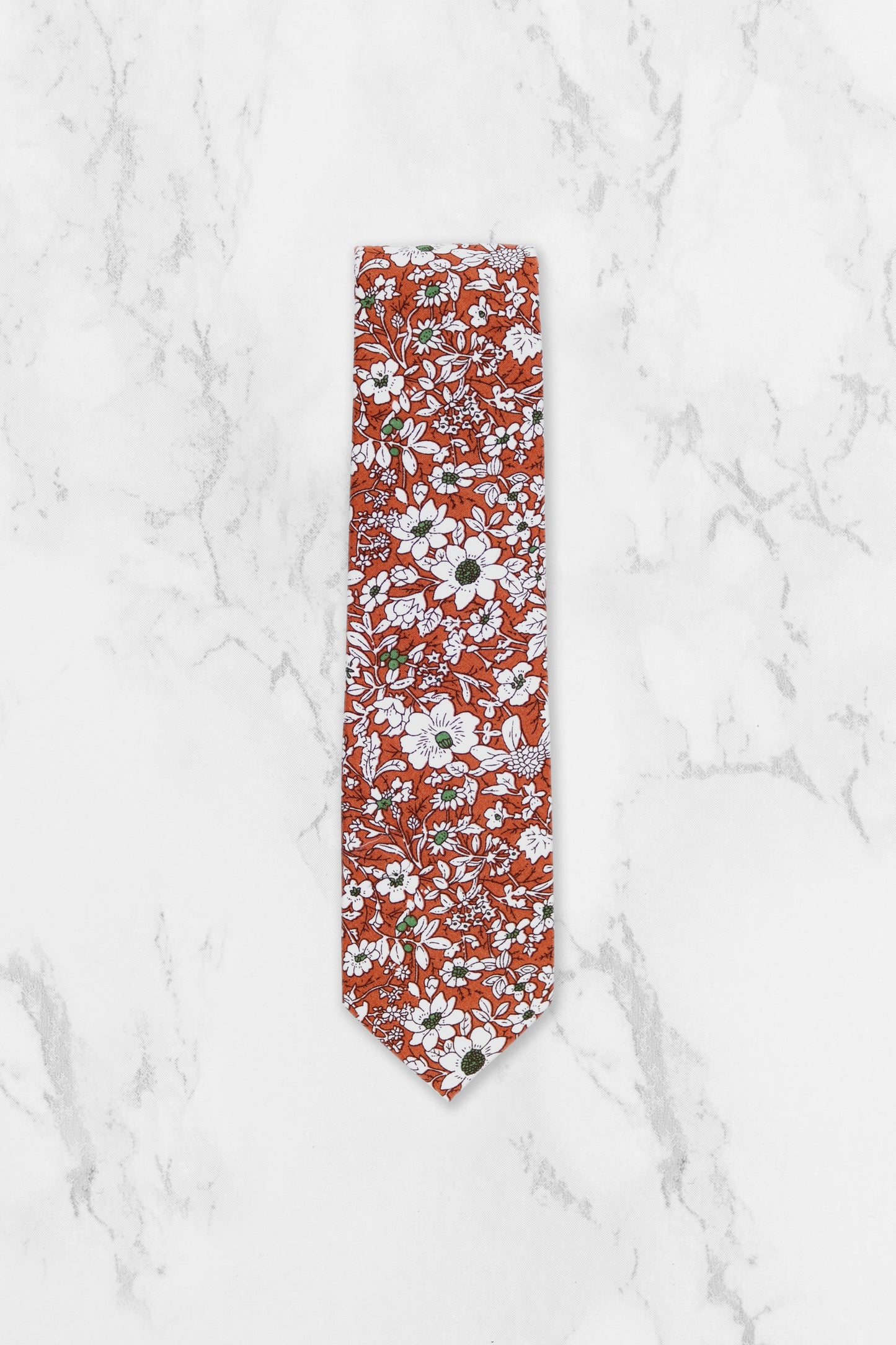 100% Cotton Floral Print Tie - Orange & White