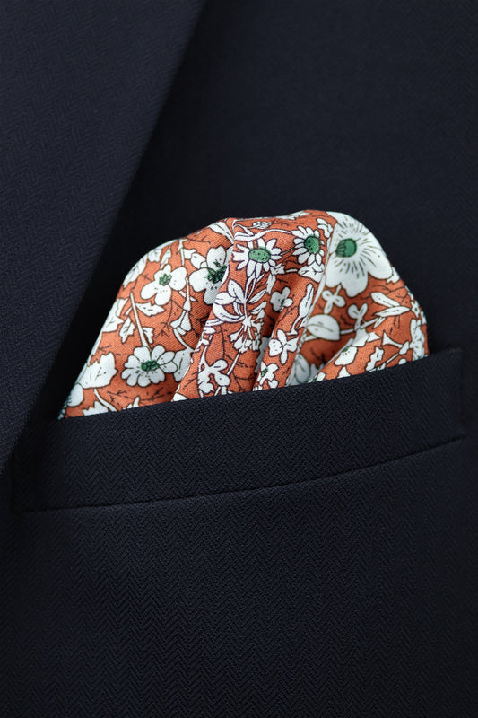 100% Cotton Floral Print Pocket Square - Orange & White