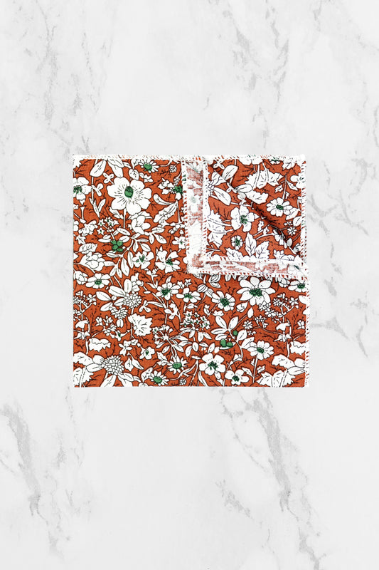 100% Cotton Floral Print Pocket Square - Orange & White
