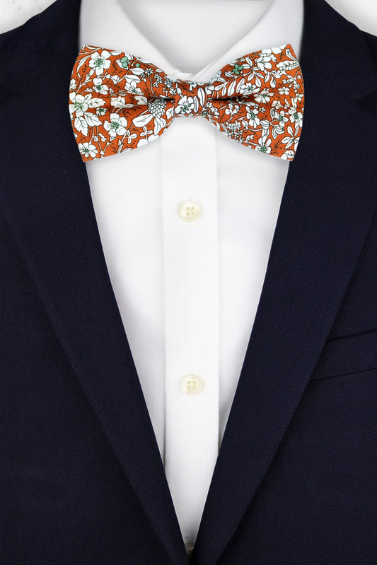 100% Cotton Floral Print Bow Tie - Orange & White