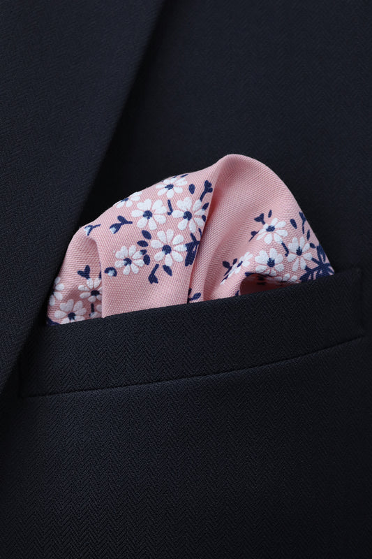 100% Cotton Floral Print Pocket Square - Pink & Navy