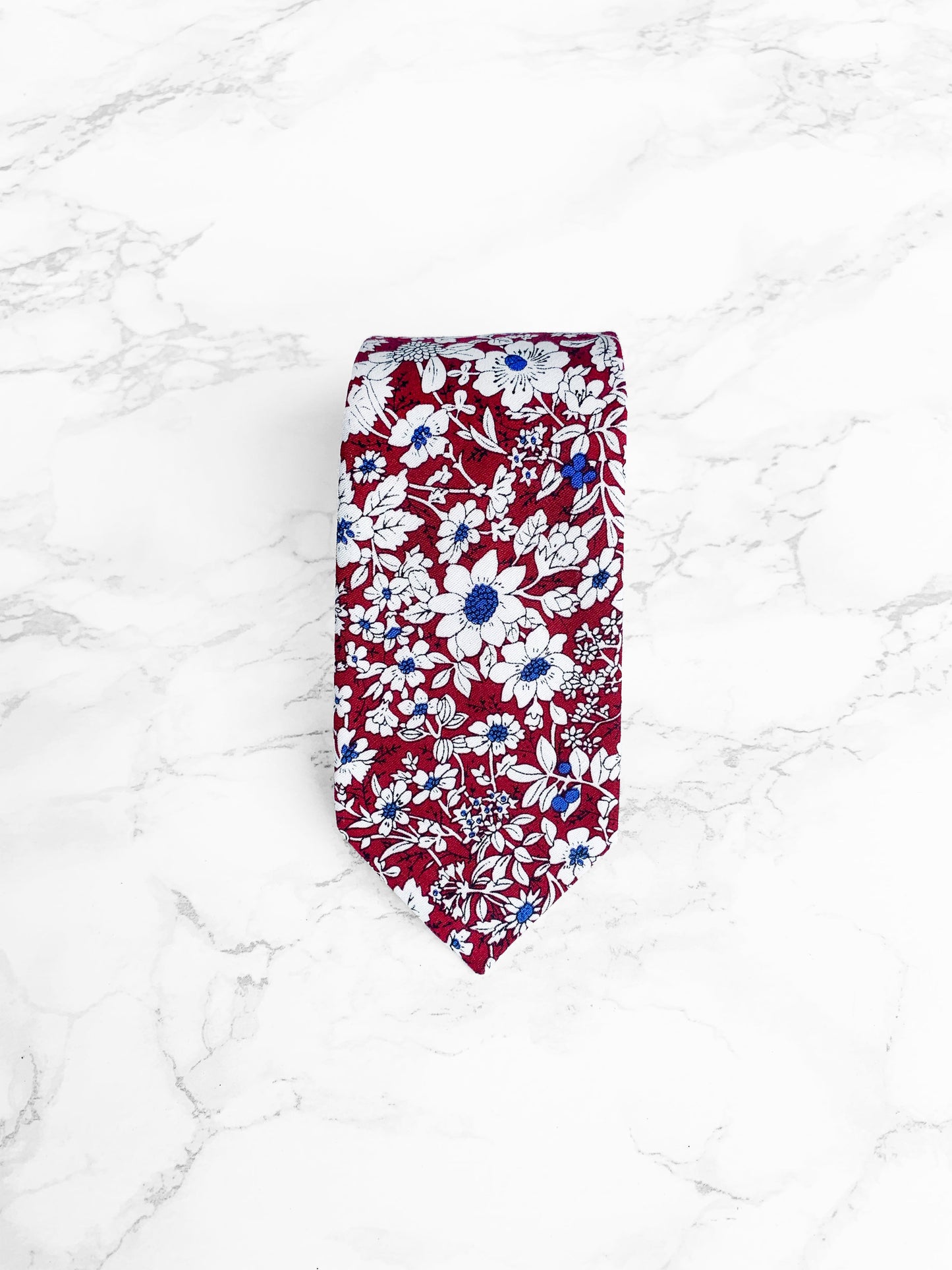 100% Cotton Floral Print Bow Tie - Burgundy Red & White