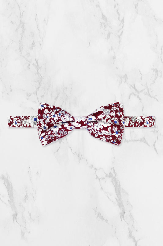 100% Cotton Floral Print Bow Tie - Burgundy Red & White