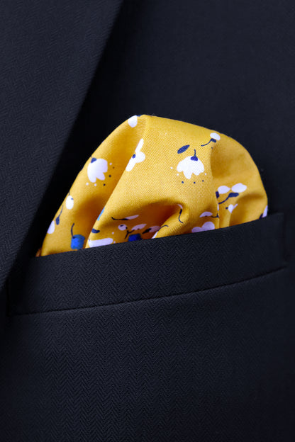 100% Cotton Floral Print Pocket Square - Yellow & Blue