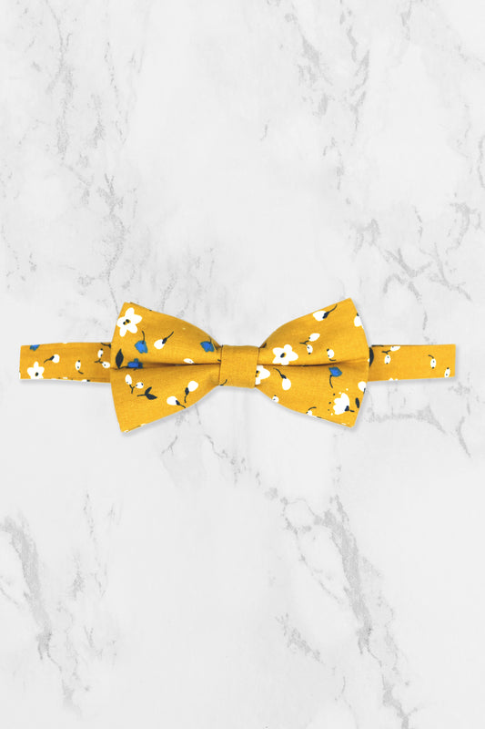 100% Cotton Floral Print Bow Tie - Yellow & Blue